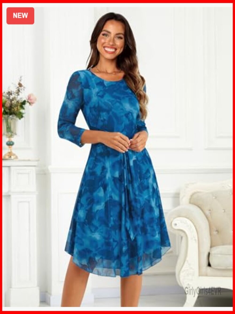 Elegant 3/4 Sleeve Floral Midi Dress with Belt - Women's Cocktail & Wedding - Picture 3 of 7